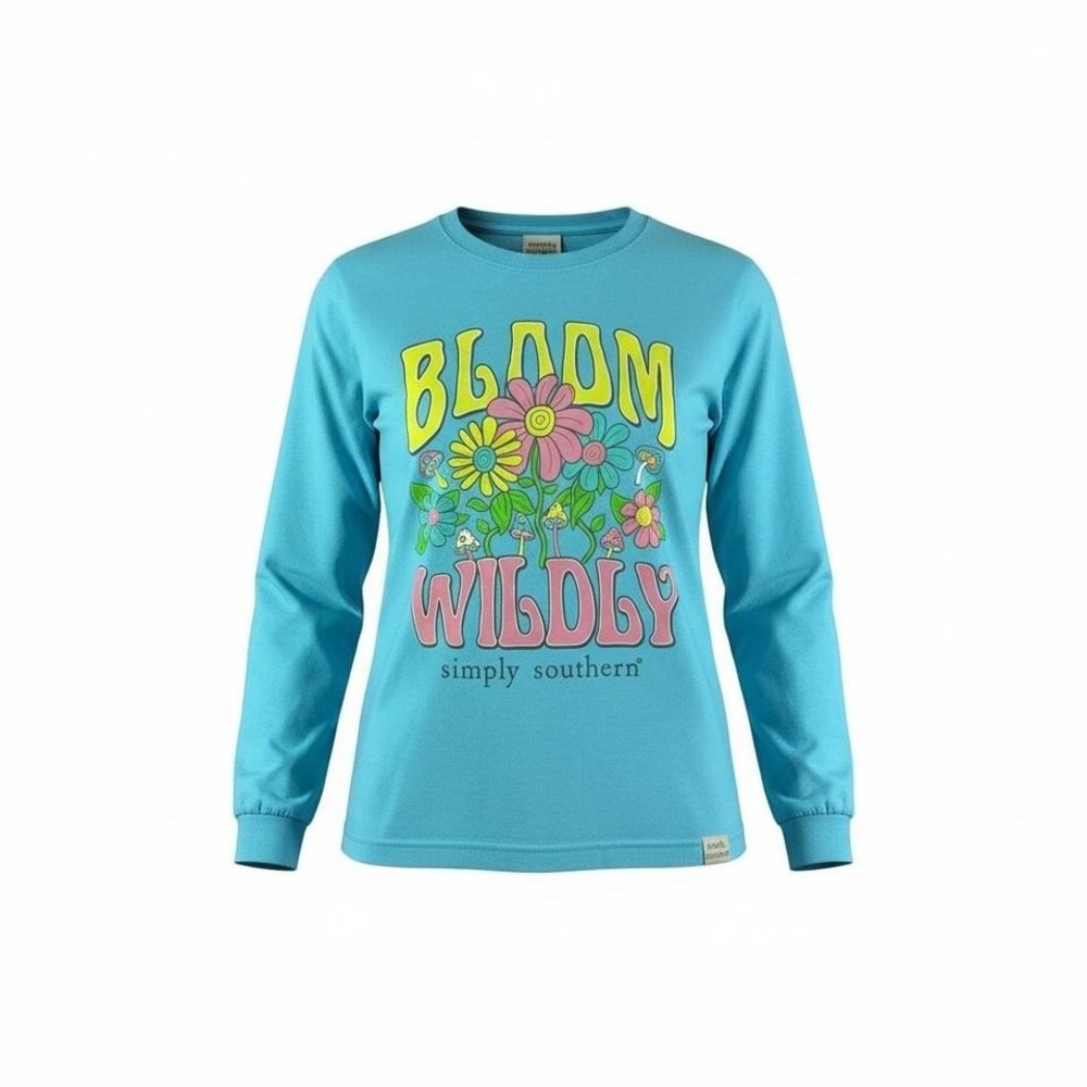 Children's Simply Southern blue long sleeve shirt with "Bloom Wildly" graphic